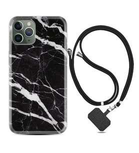 Apple iPhone 11 12 13 14 Pro Max Kılıf Boyun Askılı Silikon Siyah Şerit Mermer 1318