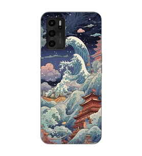 Oppo A16 Uyumlu Kanagawa Dalga Kolaj Desenli Şeffaf Telefon Kılıfı