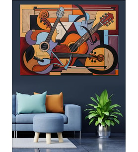Gitar Enstrüman Suluboya Geometrik Çizim Dekoratif Kanvas - Mdf Ahşap Tablo