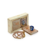 Lacivert Taşlı Zikirmatik - Mini Kadife Yasin - İnci Tesbihli Hediyelik Set - Gold Renk