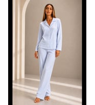 Night Mavi Kadın Önden Düğmeli Uzun Kollu Pijama Takımı