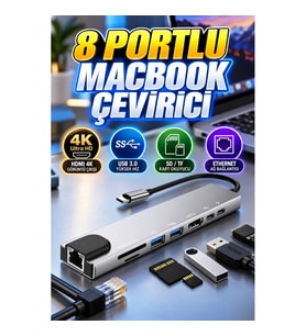 8 Portlu USB Type-C Hub Dönüştürücü HDMI 4K, USB 3.0, SD Kart ve Ethernet Çıkışlı Çoklayıcı