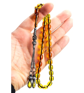 Gümüş Püsküllü 8x12mm Arpa Kesim Ateş Kehribar Tesbih (Çok Renkli)