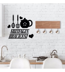 BK Home Doğal Ahşap Dekoratif Fincan Askılığı ve Mutfak Duvar Süsü-3 (Siyah)