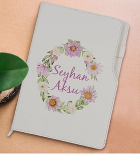 BK Gift Kişiye Özel Çiçek Tasarımlı Beyaz Termo Deri Not Defteri 15x21cm-4