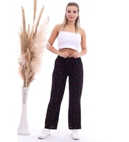 20070786 Örme Krep Beli Lastikli Bol Paça Pantolon SIYAH KIRMIZI (Siyah-Kırmızı)