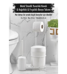 Metal Standlı Yuvarlak Kovalı & Kağıtlıklı & Fırçalıklı Beyaz Banyo Takımı