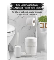 Metal Standlı Yuvarlak Kovalı & Kağıtlıklı & Fırçalıklı Beyaz Banyo Takımı