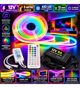 5M 12V 12mm 432 Ledli İç Mekan Pixel Cob Led 5A Laptop Adaptör SP611 Tek Çıkış Pixel Kumandalı Set