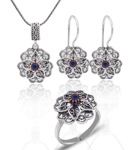 Safir Taşlı Gül Model Oksitli 925 Ayar Gümüş Telkari Kadın Üçlü Set 201025644