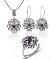 Safir Taşlı Gül Model Oksitli 925 Ayar Gümüş Telkari Kadın Üçlü Set 201025644