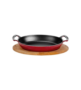 Lava Döküm Oval Sahan Döküm Demir Yekpare Çift Kulplu Kayın Servis Ahşabı Ölçü 19x14cm. (Kırmızı)