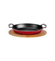 Lava Döküm Oval Sahan Döküm Demir Yekpare Çift Kulplu Kayın Servis Ahşabı Ölçü 19x14cm. (Kırmızı)