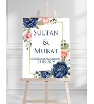 Söz Nişan Düğün İçin 50x70 Karşılama Panosu - Mavi Çiçek Desenli 002