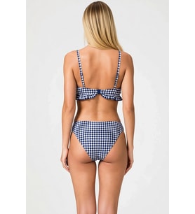 Kadın Bikini Takımı Üçgen Kaplı Fırfırlı İnce Askılı Ekose Desenli Düşük Bel Slip Örme Kumaş