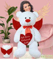 Kişiye Özel Ahşap Kalpli Özgüner Melek Kanatlı Peluş Ayıcık  130 cm Peluş Ayı (Jumbo)