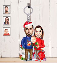Kişiye Özel Yılbaşı Aile Karikatürlü Ahşap Anahtarlık Model-3