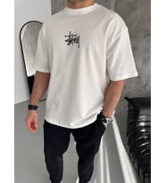 pilelistore- Unisex Bisiklet Yaka Baskılı Oversize T-Shirt - Beyaz