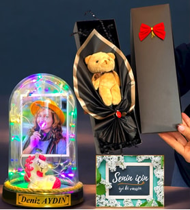 Kişiye Özel Renkli Led Işıklı Fanus ve Kutusunda Kahverengi Ayıcık Buketi (Model 10)