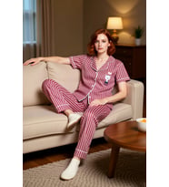 Kadın Kısa Kollu Çizgili Pamuklu Pijama Takımı Rahat Ev Giyim Seti Özenle Seçilmiş