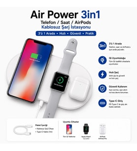 ScHitec Air Power 3in1 Telefon/Saat/Airpods Wireless Kablosuz Şarj İstasyonu