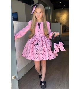 Kız Çocuk Bebe Yakalı Eteği Benekli Nakış İşlemeli Pembe Elbise