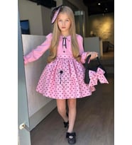 Kız Çocuk Bebe Yakalı Eteği Benekli Nakış İşlemeli Pembe Elbise