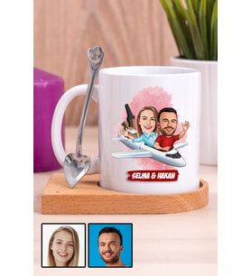 Çiftlere Özel İlginç Hediye Uçak Temalı Karikatürlü Ahşap Altlıklı Beyaz Kupa Bardak