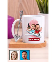 Çiftlere Özel İlginç Hediye Uçak Temalı Karikatürlü Ahşap Altlıklı Beyaz Kupa Bardak