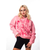 Pembe Baskılı Oversize Kadın 3 İplik Sweatshirt Hoodie Tyzz