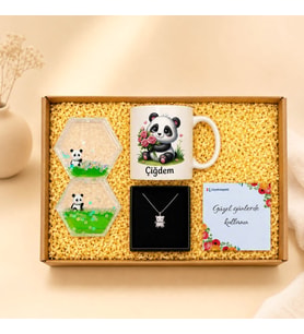 Kişiye Özel Panda Kupa Bardak Panda Kum Saati & Panda Kolye Hediye Kutusu