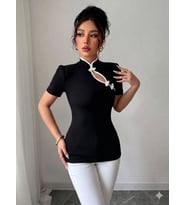 Kadın Beyaz şerit Detaylı Dar Kesim Dik Yaka Bluz