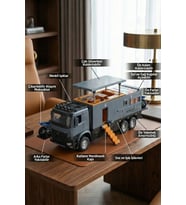 Metal Çek Bırak Karavan Kamyon - Sesli Işıklı, Açılabilir Tavanlı ve Motosikletli Kamp Aracı (23cm)