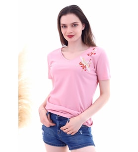 7130562 Leylek Nakışlı V Yaka Boyfriend Kısa Kol Bluz GUL KURUSU (Gül Kurusu)