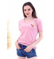 7130562 Leylek Nakışlı V Yaka Boyfriend Kısa Kol Bluz GUL KURUSU (Gül Kurusu)