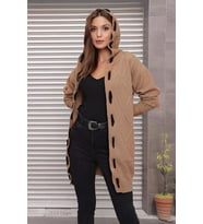 Kapüşonlu Kabartma Desenli Şerit Garnili Camel Hırka