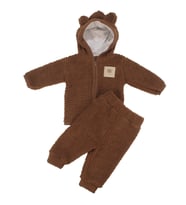 Unisex Kahve Peluş Kulaklı Kapşonlu Hırkalı İkili Takım