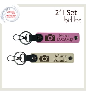Kamerayla Göz Göze, Kişisel Yazılı, Fotoğraf Makinesi Temalı Anahtarlık Seti, Pembe-Sütlü Kahve