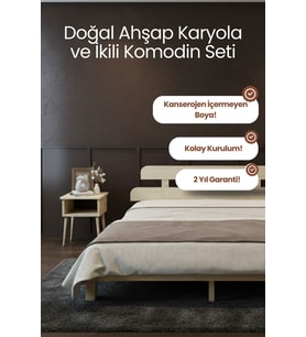 Lotus Model Masif Ahşap Karyola ve 2 Adet Komodin Kolay Kurulum Fırınlanmış İthal Sibirya Çamı 100x200 Yatak Uyumlu 2 Adet Komodin
