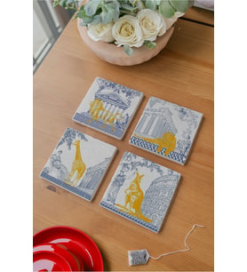 Antik Yunan ve Altın Hayvan Desenli Bardak Altlığı 4’lü Set Doğal Taş Traverten (10x10 cm)