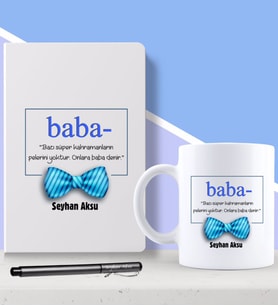 BK Gift Kişiye Özel Baba Tasarımlı Beyaz Defter Kalem ve Kupa Seti-1 (Model 1)