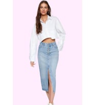 Kadın Denim Midi Etek A line Kalıp Pamuk Günlük Ve İş Hayatı İçin Yaz Aylarının Vazgeçilmezi (Mavi)