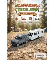 Metal Diecast Çek Bırak Jeep ve Karavan Seti - Açılabilir Kapılı Oyuncak Araba Macera Seti 31.5 cm