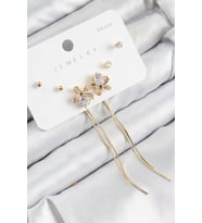 Pirinç Zirkon Taşlı Sallantılı Fiyonk Model Gold Renk 925 Ayar Gümüş Çivi Kadın Küpe Set (Altın)