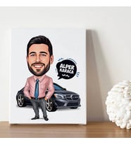 Arabasına Aşık Erkek Karikatürlü Kanvas Tablo