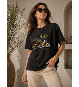 Motosiklet Baskılı Tişört Bisiklet Yaka Kısa Kol Yazlık T-Shirt - Siyah