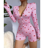 Kadın Pembe Kalp Desenli Pijama Tulumu 5121