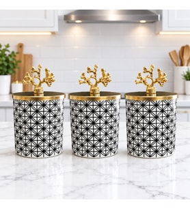 Baharatlık Silindir 3 lü Kahve Köşesi Seti Lonca Desen Siyah 750 ml Hacimli Gold