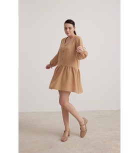 Vos Versa Kadın Kol Bağlama Detaylı Keten Camel Elbise VVK7260