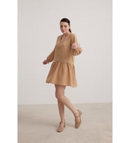Vos Versa Kadın Kol Bağlama Detaylı Keten Camel Elbise VVK7260